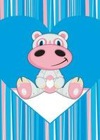 mignonne dessin animé Valentin hippopotame sur rayé bleu Contexte illustration vecteur