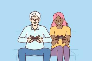 diverse homme et femme avec joysticks sont séance sur canapé en jouant Jeu combat virtuel personnages. personnes âgées Humain et africain américain fille jouer multijoueur console Jeu dépenses fin de semaine ensemble vecteur