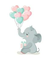 mignonne bébé l'éléphant personnage avec cœur en forme de des ballons. content anniversaire carte, des gamins illustration, vecteur