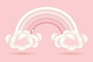 3d bébé douche, arc en ciel avec des nuages et étoiles sur une rose arrière-plan, puéril conception dans pastel couleurs. arrière-plan, illustration, vecteur