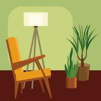 carré vecteur illustration de une milieu du siècle style fauteuil, une sol lampe et mis en pot les plantes