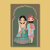 carte d'invitation de mariage la mariée et le marié joli couple en personnage de dessin animé de robe indienne traditionnelle. illustration vectorielle. vecteur