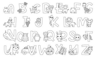 coloration page avec Anglais alphabet des lettres. mignonne animaux, des oiseaux, nourriture et objets. marrant abc pour enfants. les enfants éducation. kawaii dessin animé personnages. coloration livre. vecteur illustration.