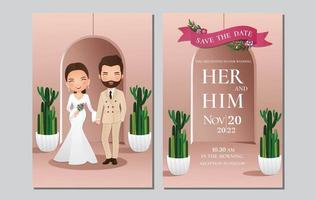 carte d'invitation de mariage le personnage de dessin animé de couple mignon mariés avec cactus vert et illustration de fond rose clair vecteur