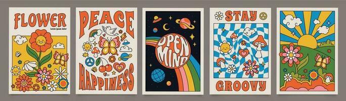 Années 70 sensationnel affiches, rétro impression avec hippie éléments. dessin animé psychédélique paysage avec champignons et fleurs, ancien froussard impression vecteur ensemble