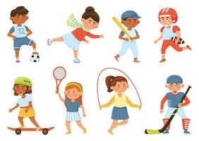 dessin animé content école les enfants en jouant des sports et faire de l'exercice. sport Activités pour des gamins base-ball, saut corde, tennis, faire de la planche à roulettes, vecteur ensemble