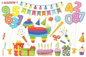 dessin animé anniversaire fête décoration, enfant fête éléments. gâteau avec bougies, bruant drapeaux, cadeaux, des ballons, fête Chapeaux, pinata vecteur ensemble