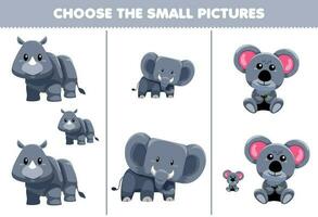 éducation Jeu pour les enfants choisir le petit image de mignonne dessin animé rhinocéros l'éléphant koala imprimable animal feuille de travail vecteur