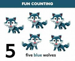 éducation Jeu pour les enfants amusement compte mignonne dessin animé cinq bleu loups imprimable animal feuille de travail vecteur