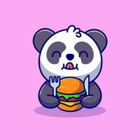 mignonne Panda en mangeant Burger avec fourchette et couteau dessin animé vecteur icône illustration. animal nourriture icône concept isolé prime vecteur. plat dessin animé style