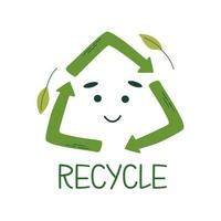 recycler symbole avec vert flèches, souriant affronter, feuilles et caractères. plat style vecteur logo. zéro déchets, environnement préservation concept.