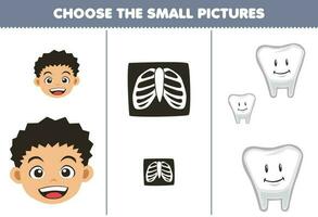éducation Jeu pour les enfants choisir le petit image de mignonne dessin animé visage OS radiographie dent imprimable anatomie feuille de travail vecteur