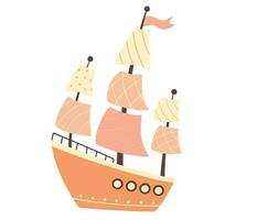 navire avec voiles. voile navire, mer mode de transport. enfants illustration pour conception de enfants pièces, vêtements, textiles. vecteur main dessiner illustration isolé sur le blanc Contexte.