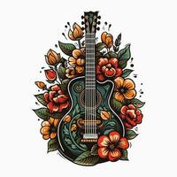 une guitare et fleurs viens ensemble dans cette logo conception, création une harmonieux et élégant image pour une la musique ou inspiré de la nature marque vecteur