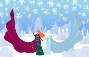 Princesse sœurs jouer magique flocons de neige dans hiver Château vecteur