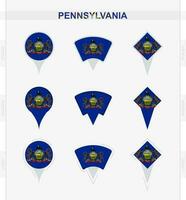 Pennsylvanie drapeau, ensemble de emplacement épingle Icônes de Pennsylvanie drapeau. vecteur