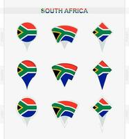 Sud Afrique drapeau, ensemble de emplacement épingle Icônes de Sud Afrique drapeau. vecteur
