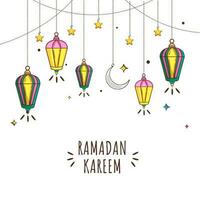 Ramadan kareem affiche conception décoré avec arabe lanternes, croissant lune, étoiles pendre sur blanc Contexte. vecteur