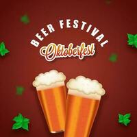 oktoberfest Bière Festival concept avec réaliste Bière des lunettes et vert le houblon feuilles sur rouge Contexte. vecteur