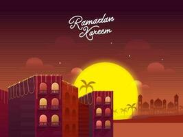 le coucher du soleil Contexte avec Résidentiel bâtiments et mosquée illustration sur le occasion de Ramadan Karim. vecteur