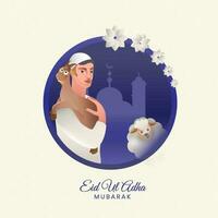 eid ul adha mubarak concept avec musulman homme en portant une chèvre, dessin animé mouton sur blanc et bleu silhouette mosquée Contexte. vecteur