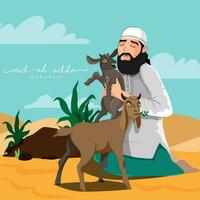 islamique Festival Aïd al-Adha mubarak concept avec musulman homme en portant chèvre sur Orange et bleu Contexte. vecteur