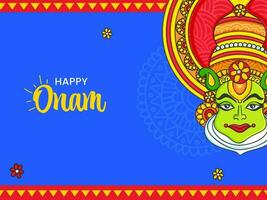 content onam fête concept avec Kathakali Danseur visage sur bleu et rouge Contexte. vecteur