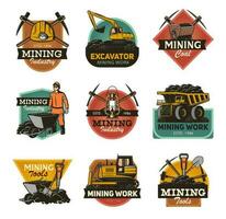 charbon exploitation minière machinerie, mineur équipement outils Icônes vecteur