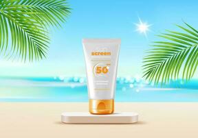 océan plage rond podium avec crème solaire crème vecteur