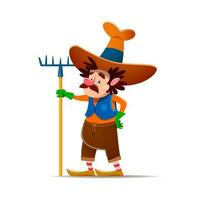 dessin animé gnome ou nain agriculteur personnage avec râteau vecteur