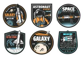 galaxie recherche, espace explorer et astronaute icône vecteur