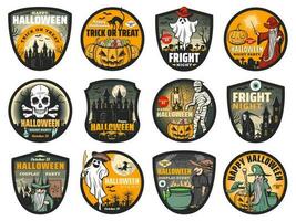 Halloween fantôme, citrouille, sorcière et crâne badges vecteur