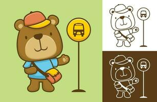 marrant ours permanent dans autobus Arrêtez prêt Aller à école. vecteur dessin animé illustration dans plat icône style