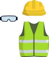 Vêtements de ouvrier et le constructeur. vert uniforme, des lunettes et Jaune casque. industriel sécurité. type de profession. dessin animé plat illustration vecteur