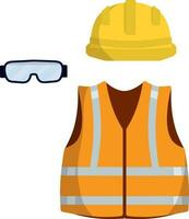 Vêtements de ouvrier et le constructeur. Orange uniforme, des lunettes et casque. industriel sécurité. type de profession. dessin animé plat illustration vecteur