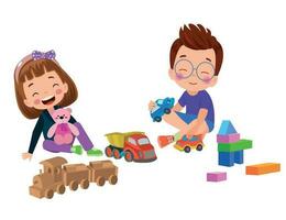 une garçon et fille en jouant avec jouets et une nounours ours vecteur