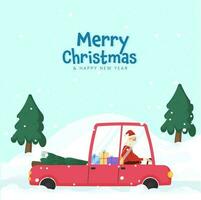 joyeux Noël et Nouveau année concept avec Père Noël claus conduite ramasser un camion plein de cadeau des boites et Noël arbre sur chute de neige bleu Contexte. vecteur