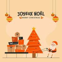 joyeux Noël texte écrit dans français Langue avec mignonne Père Noël claus tirant traîneau plein de cadeau des boites, Noël et babioles pendre sur pêche Contexte. vecteur