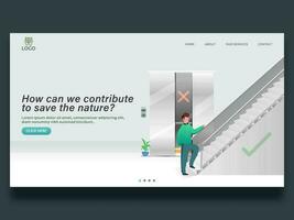 sensible atterrissage page ou la toile modèle avec homme en utilisant escaliers éviter à ascenseur pour contribuer à enregistrer le la nature. vecteur