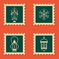 Noël timbres comme candélabre, flocon de neige, lanterne sur Orange Contexte. vecteur