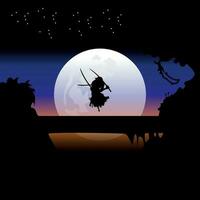 illustration vecteur graphique de samouraï formation à nuit sur une plein lune. parfait pour fond d'écran, affiche, etc. paysage fond d'écran, illustration vecteur style, coloré vue arrière-plan, un pièce