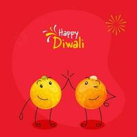 content diwali fête concept avec dessin animé sucré des balles dans haute cinq pose sur rouge Contexte. vecteur