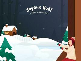 joyeux Noël Police de caractère dans français Langue avec Jeune garçon personnage, Noël arbre, cheminée maison et bleu neige Contexte. vecteur