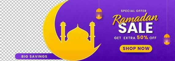 Ramadan vente bannière ou entête conception avec remise offre et copie espace sur violet et png Contexte. vecteur