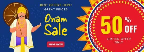 onam vente bannière ou entête conception avec remise offre et de bonne humeur Roi mahabali sur bleu Contexte. vecteur