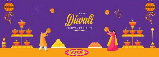 content diwali fête Contexte avec allumé pétrole les lampes rester, Indien sucré et gens en portant ciel lanternes. vecteur