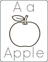 lettre aa, majuscule et minuscule, mignonne les enfants coloration un pomme, abc alphabet tracé entraine toi feuille de travail de un Pomme pour des gamins apprentissage Anglais vocabulaire et écriture vecteur illustration