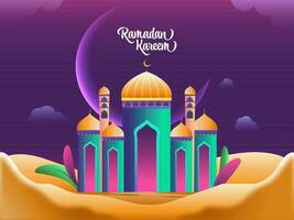 brillant mosquée illustration avec croissant lune sur violet et le sable Contexte pour Ramadan kareem concept. vecteur