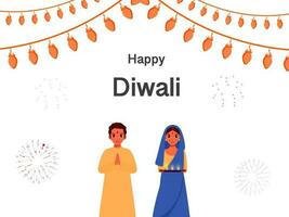 Indien homme Faire namaste avec femme en portant assiette de allumé pétrole les lampes et éclairage guirlande sur blanc feux d'artifice Contexte pour diwali fête. vecteur