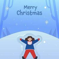 joyeux Noël affiche conception avec dessin animé fille mensonge vers le bas sur bleu neigeux Contexte. vecteur